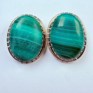 Old Pawn Native American Malachite 925 Sterling Silver Vintage Clip Earrings
